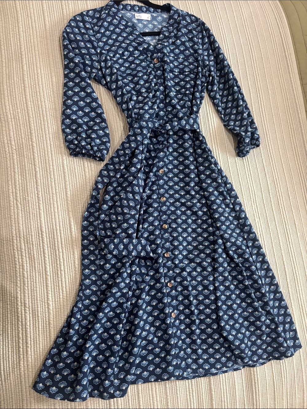 Croft & Barrow Navy Blue Printed Midi Shirt Dress